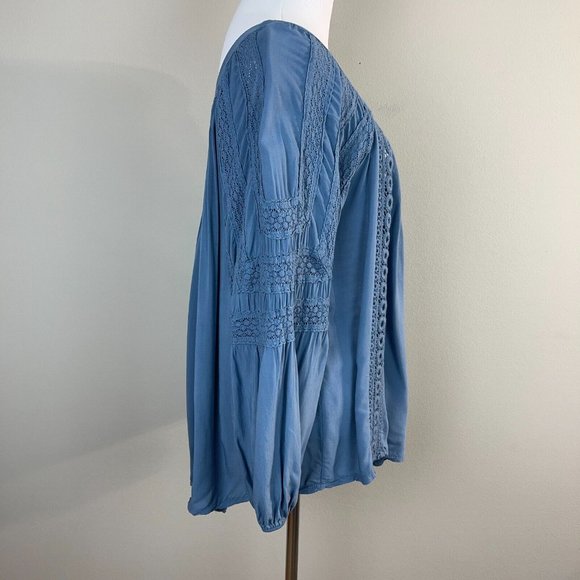 Tempo Paris Blouse Top M Blue Crochet Lace Pleat Boho Peasant Lightweight Womens - Picture 4 of 10